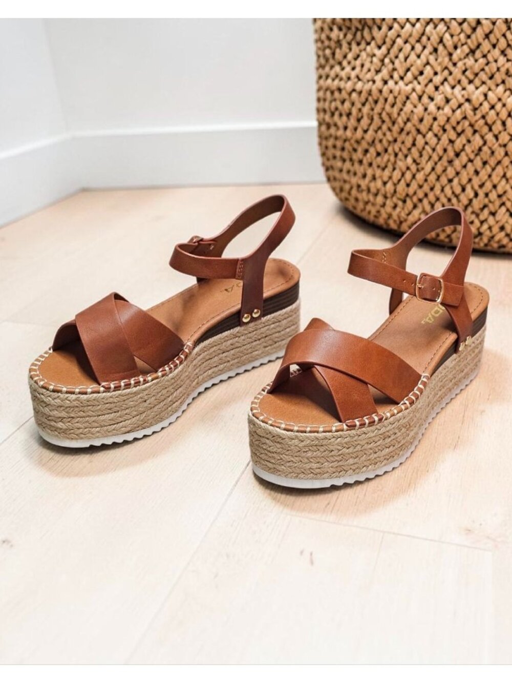 Tan Platform Espadrille Sandals With Buckle Strap Crisscross Upper & White Sole - Picture 12 of 16